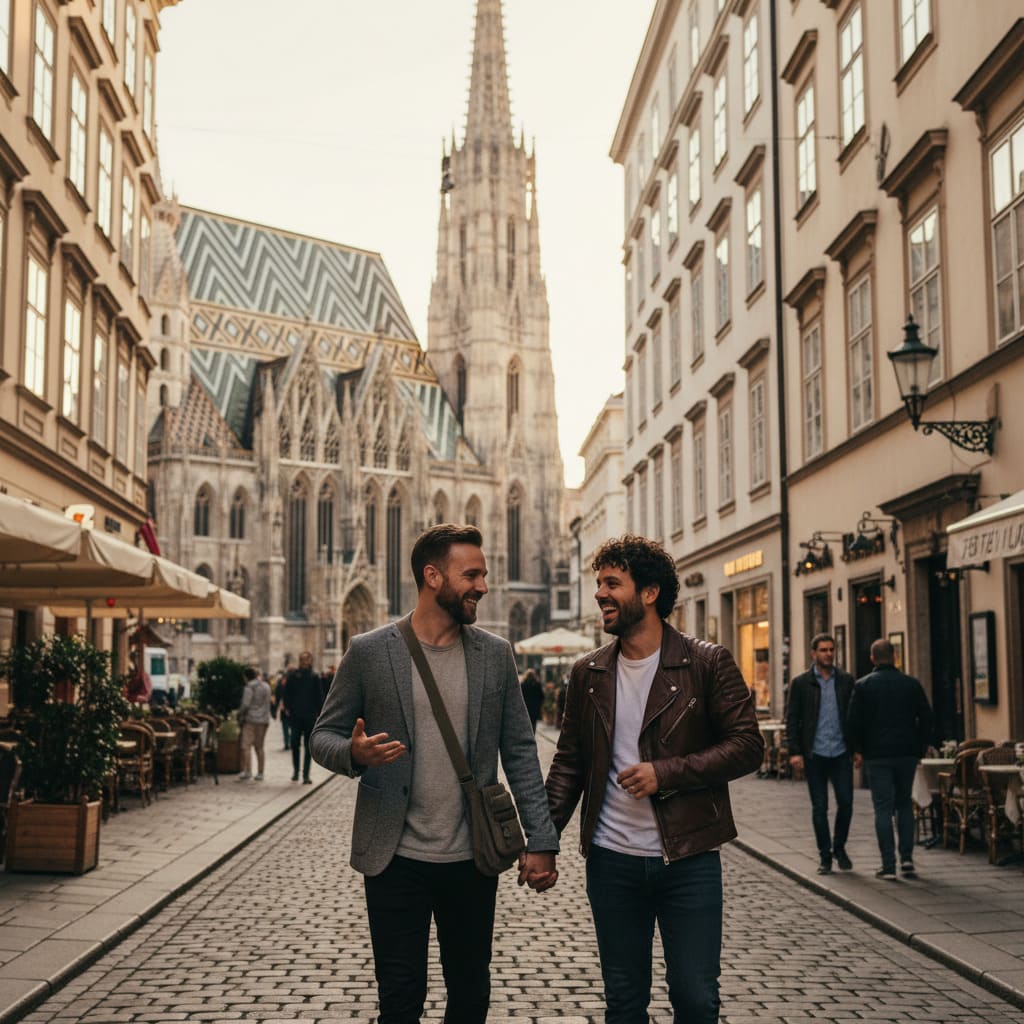 An elegant couple attending a classical concert in Vienna, Austria.