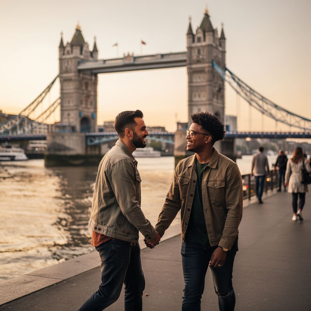 A couple walking hand-in-hand across Tower Bridge in London, England.