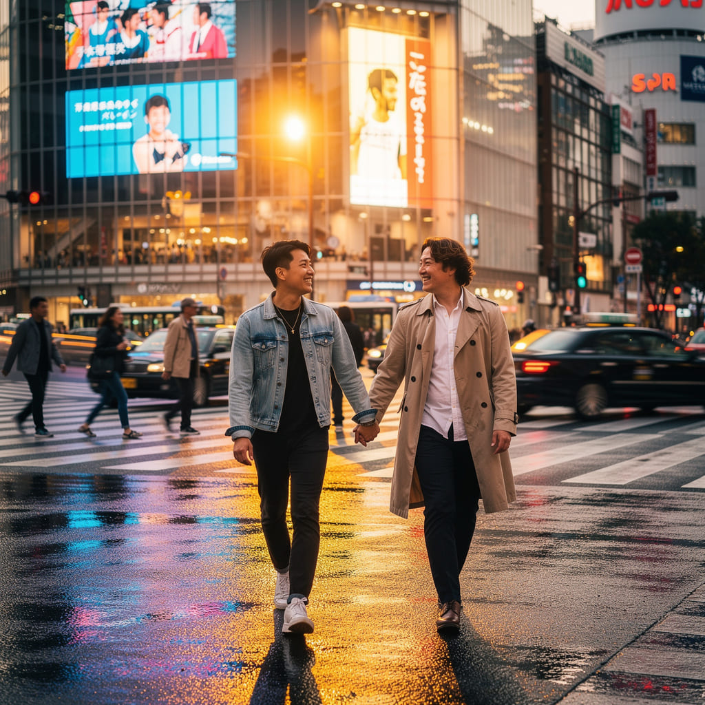 A couple enjoying the neon lights of Shinjuku Ni-chōme in Tokyo, Japan.