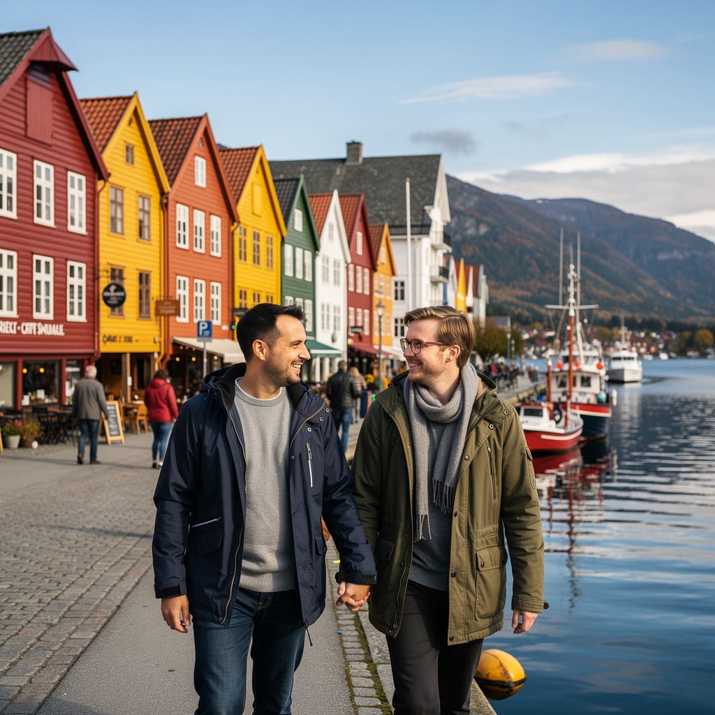 A couple hiking and enjoying the view of a Norwegian fjord.