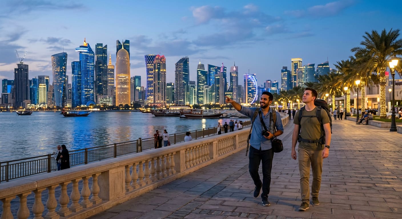 Two men having a discreet conversation in a luxury hotel lobby in Doha, Qatar.